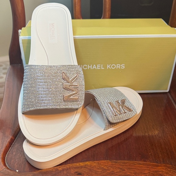 Michael Kors Shoes - NWT Michael Kors MK Slides Glittering White Gold Sandals Size 8 w/Box